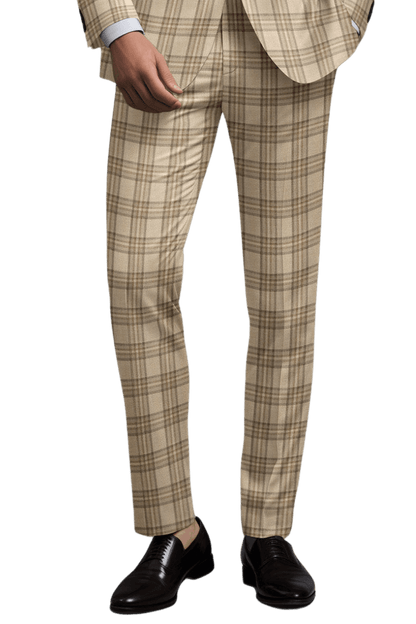 Beige Plaid Wool Single Vent Suit