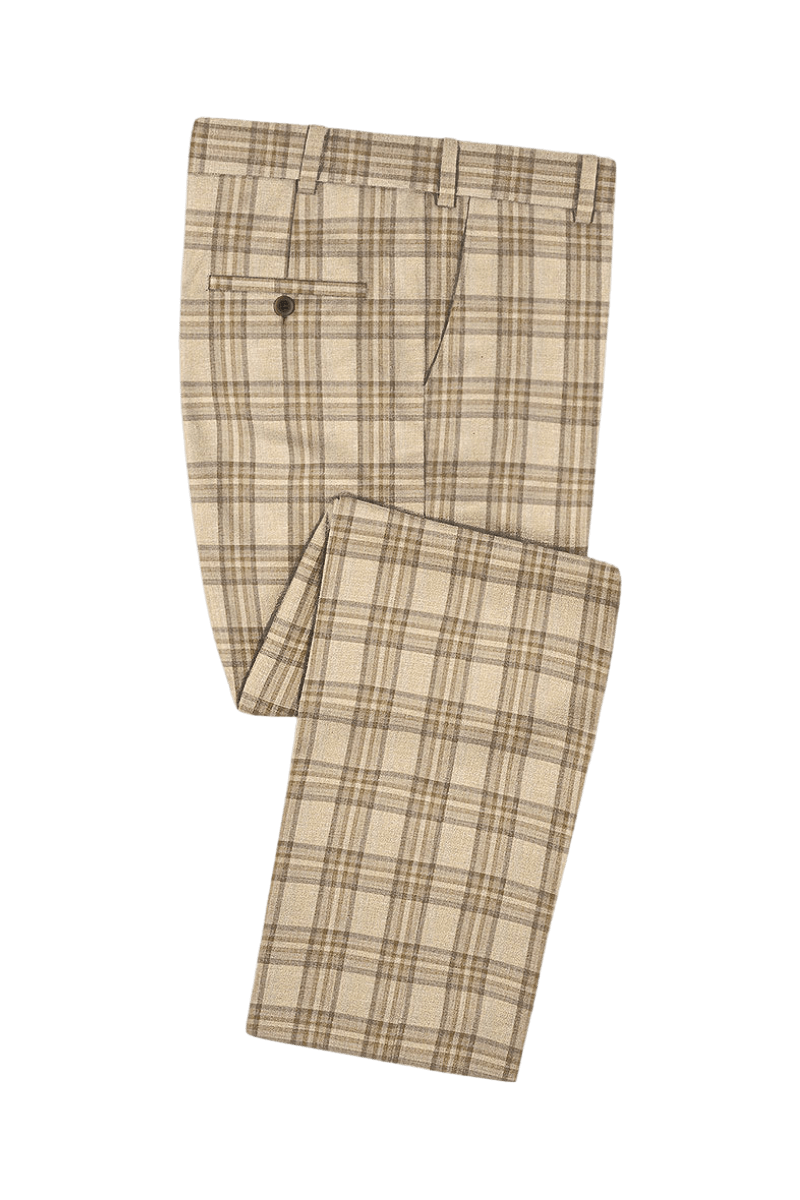 Beige Plaid Wool Single Vent Suit