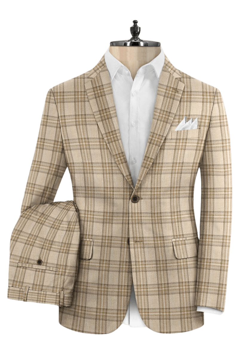 Beige Plaid Wool Single Vent Suit