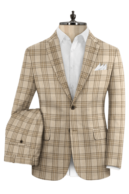 Beige Plaid Wool Single Vent Suit