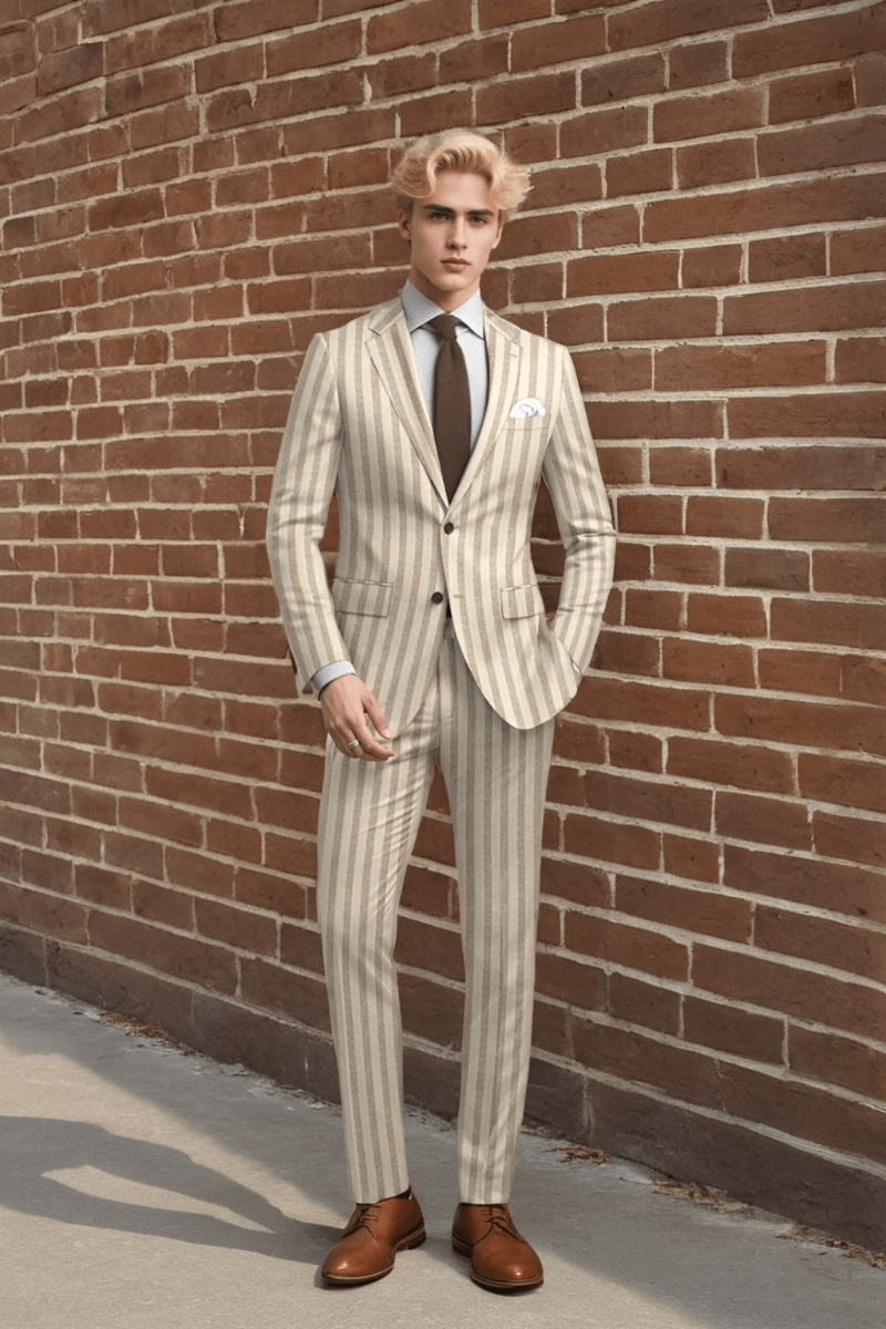 Beige Stripe Cotton Single Vent Suit