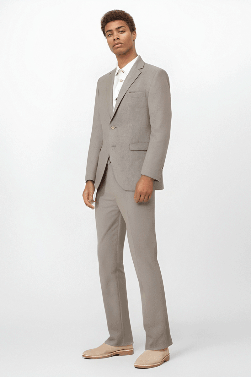 Traje de 2 piezas ajustado de color beige y gris con 2 botones