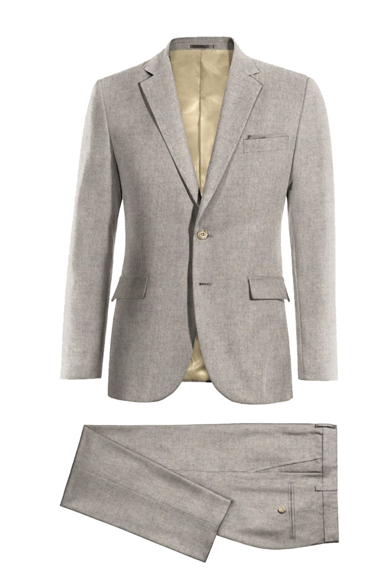 Traje de 2 piezas ajustado de color beige y gris con 2 botones