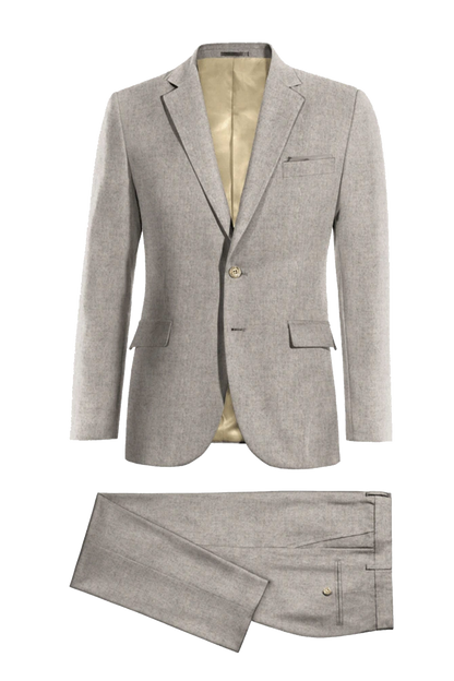 Traje de 2 piezas ajustado de color beige y gris con 2 botones