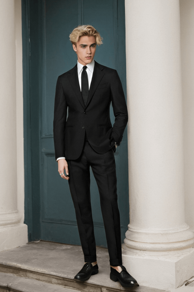 Black 2-Button Wool Single Breasted Suit