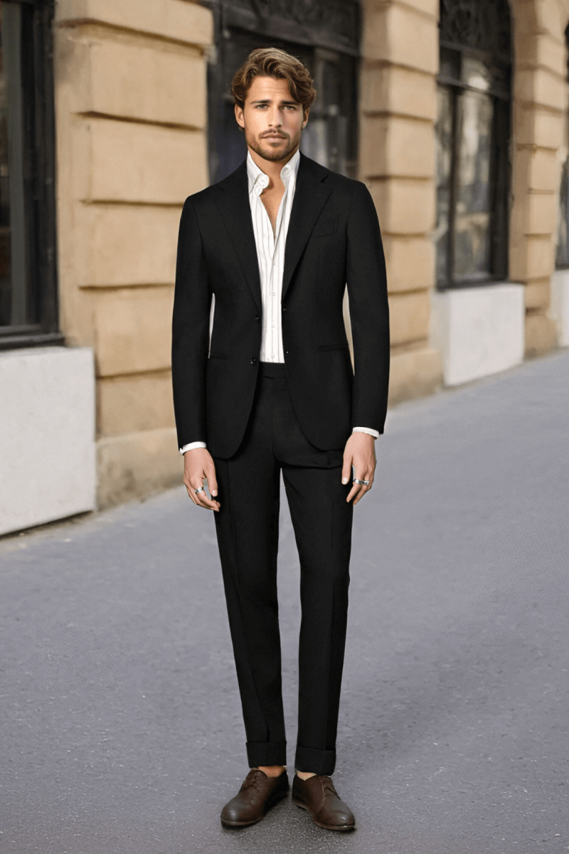 Black 2-Button Wool Single Breasted Suit