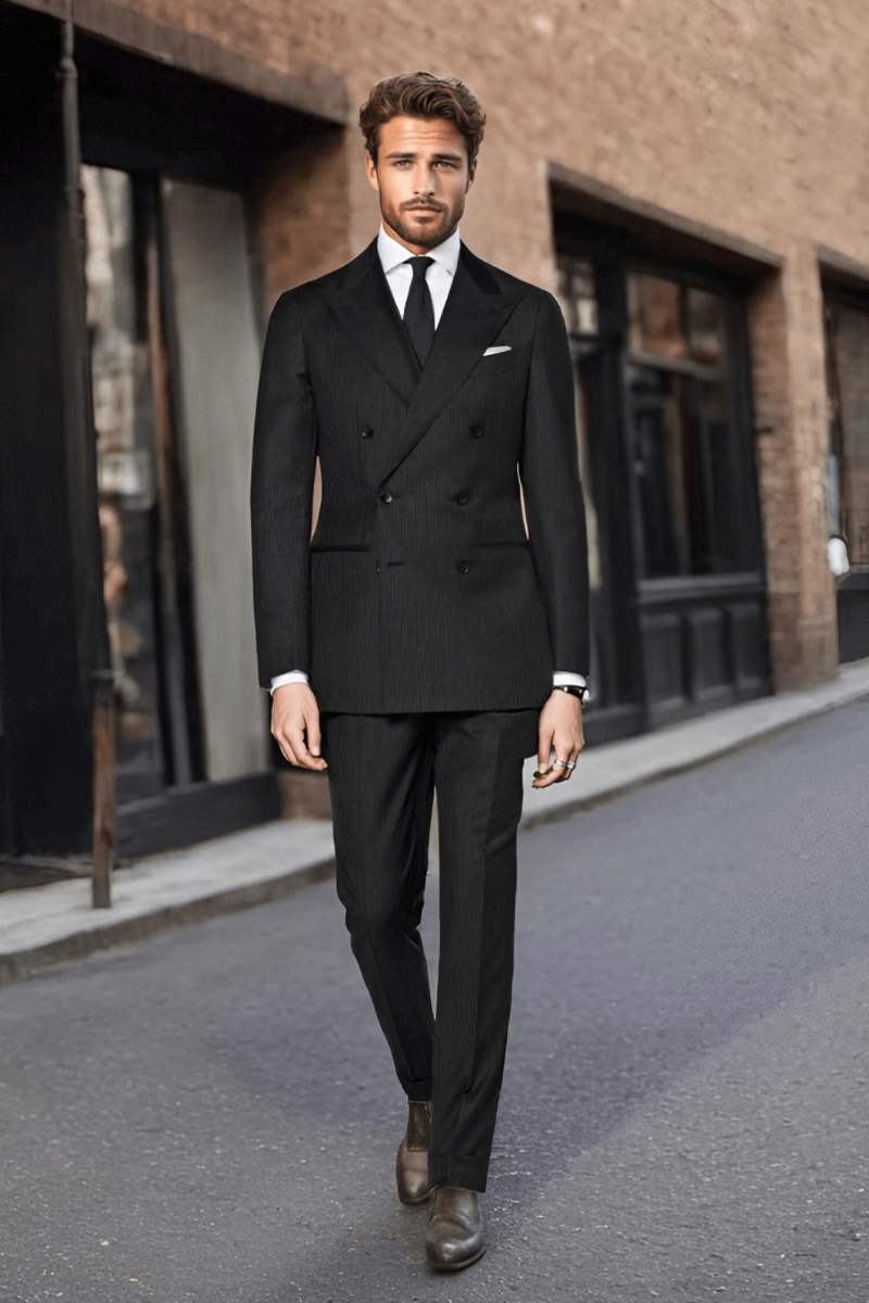 Black Stripe Wool Double Breasted Suit