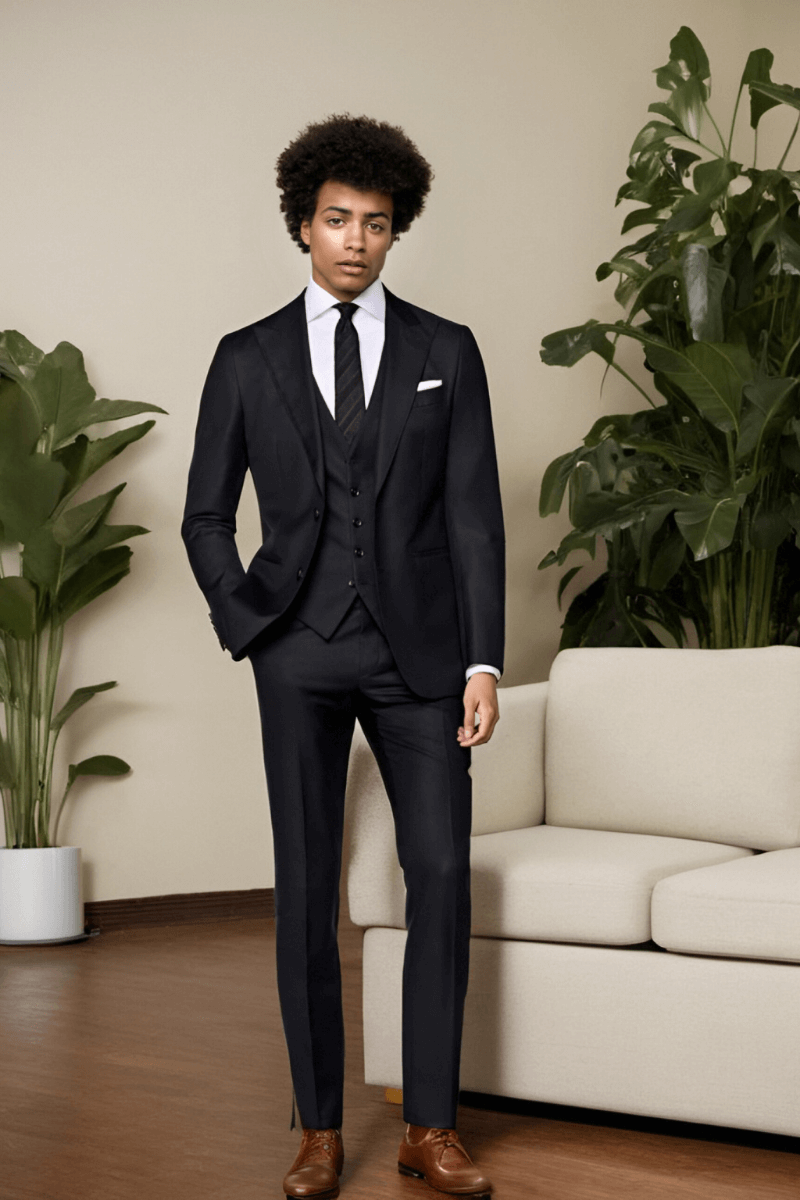 Black Wool Peak Lapel Single Breasted 3-Piece Suit