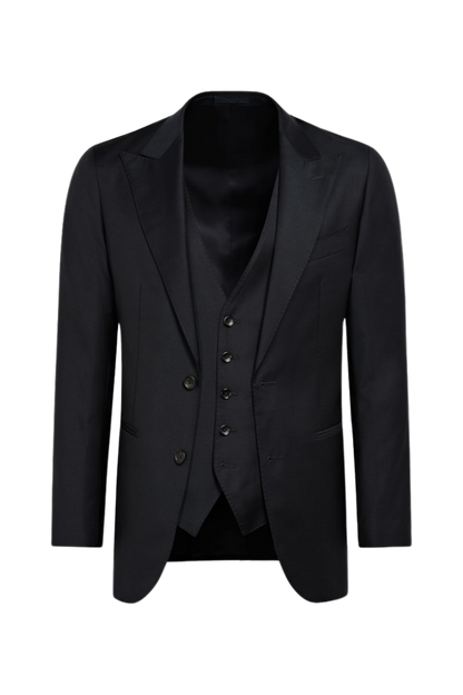 Black Wool Peak Lapel Single Breasted 3-Piece Suit