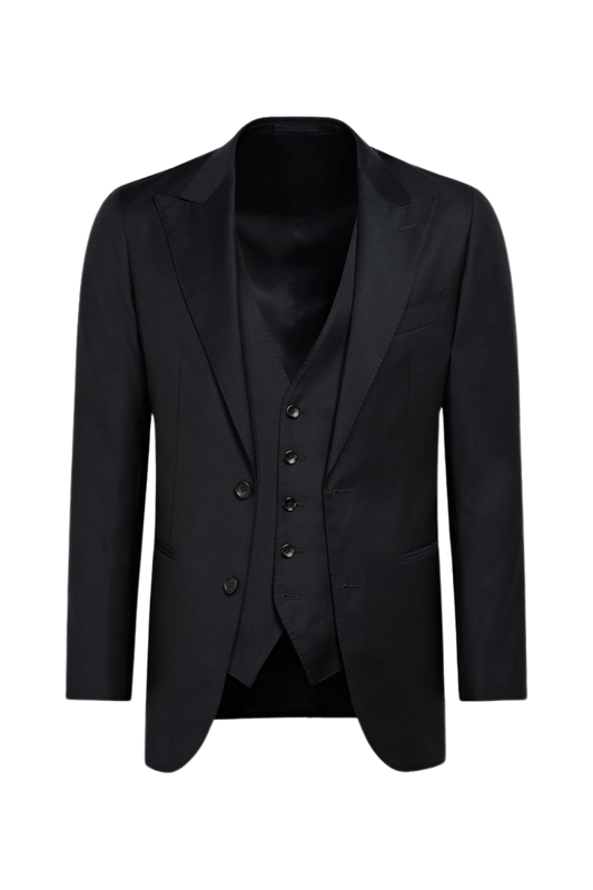 Black Wool Peak Lapel Single Breasted 3-Piece Suit