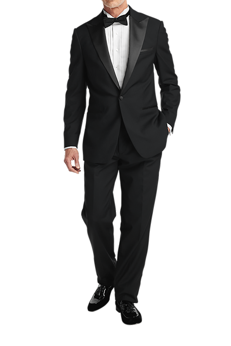 Black Wool Stretch Single Breasted Peak Lapel Suit