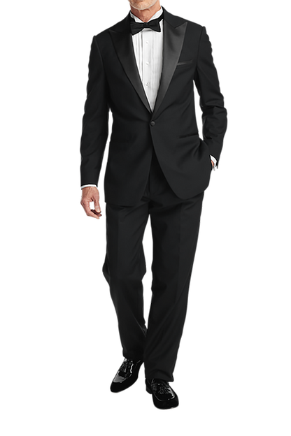 Black Wool Stretch Single Breasted Peak Lapel Suit