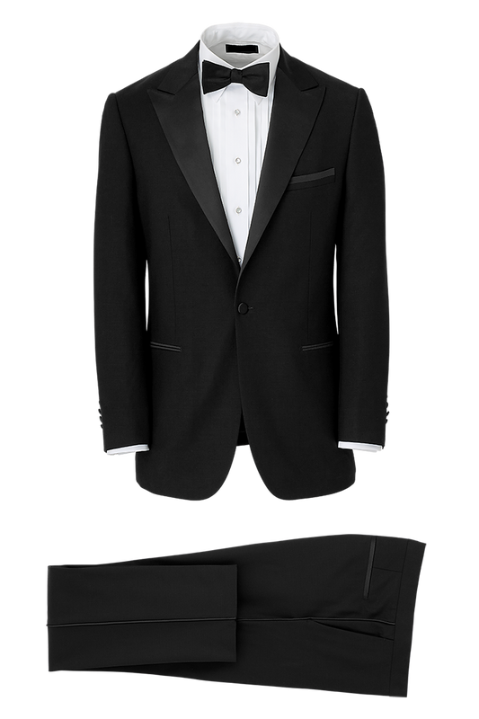 Black Wool Stretch Single Breasted Peak Lapel Suit