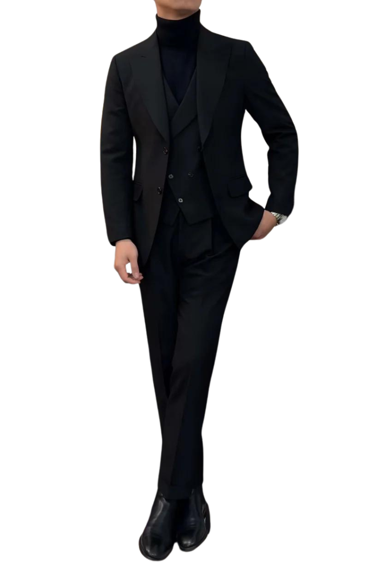Traje de boda de tres piezas color negro de Milán