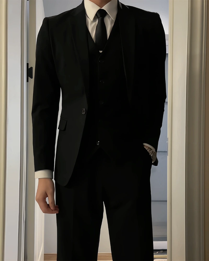 Black Regular fit 3 Piece 2 Button Suit