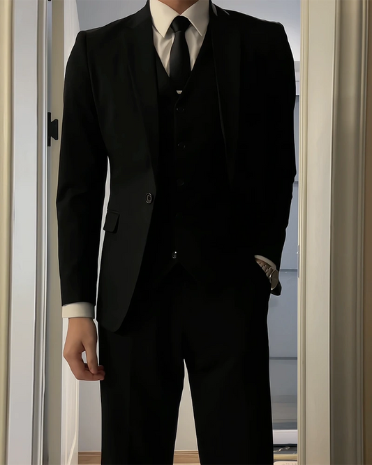 Black Regular fit 3 Piece 2 Button Suit