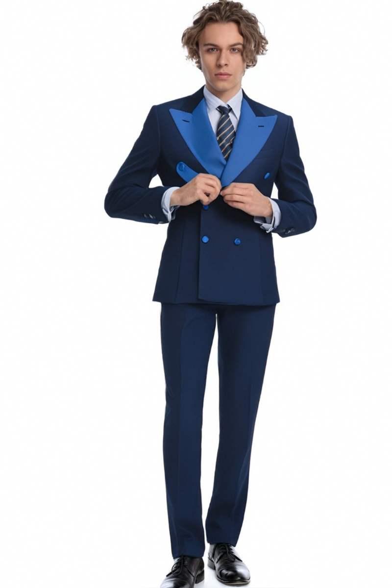 Blue 2-Piece Double Breasted Peaked Lapel Suit