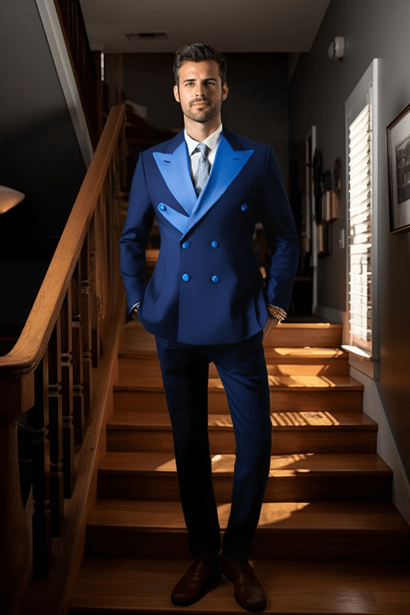 Blue 2-Piece Double Breasted Peaked Lapel Suit