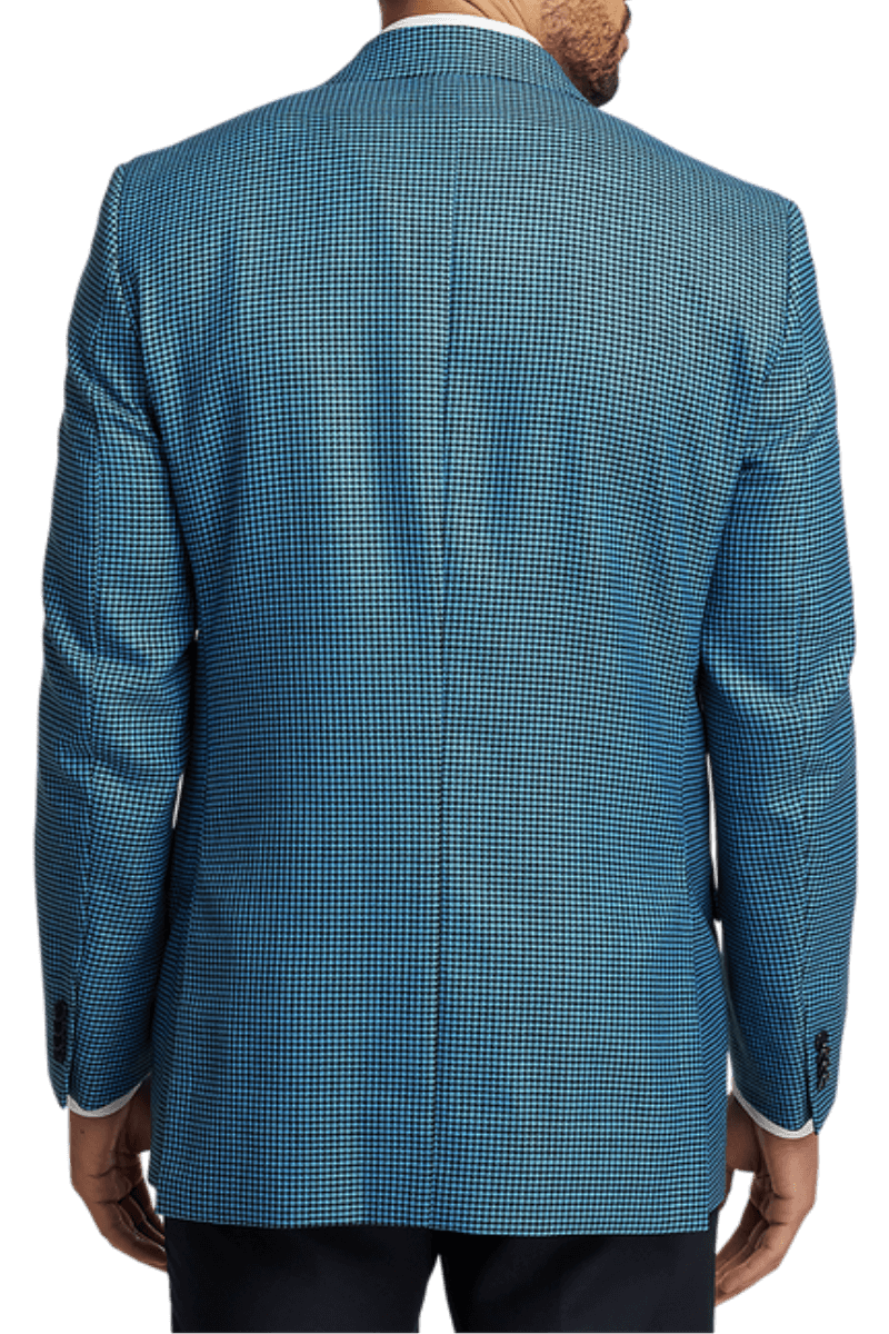 Blue & Black Houndstooth Wool Single Breasted Peak Lapel Jacket