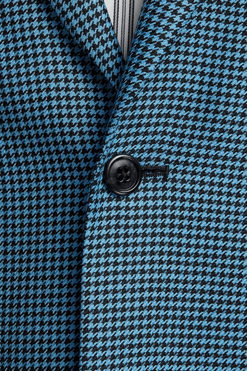 Blue & Black Houndstooth Wool Single Breasted Peak Lapel Jacket