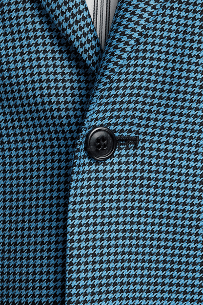 Blue & Black Houndstooth Wool Single Breasted Peak Lapel Jacket