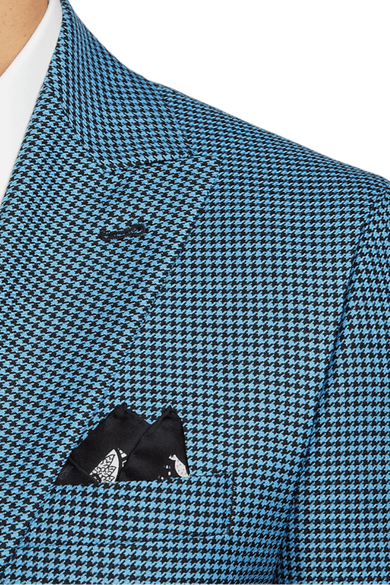 Blue & Black Houndstooth Wool Single Breasted Peak Lapel Jacket