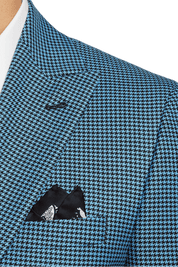 Blue & Black Houndstooth Wool Single Breasted Peak Lapel Jacket