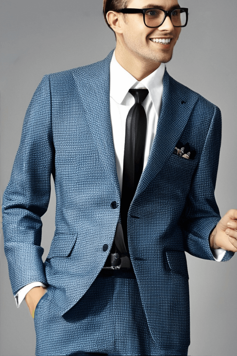 Blue & Black Houndstooth Wool Single Breasted Peak Lapel Jacket