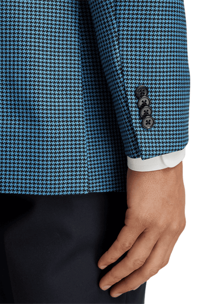 Blue & Black Houndstooth Wool Single Breasted Peak Lapel Jacket