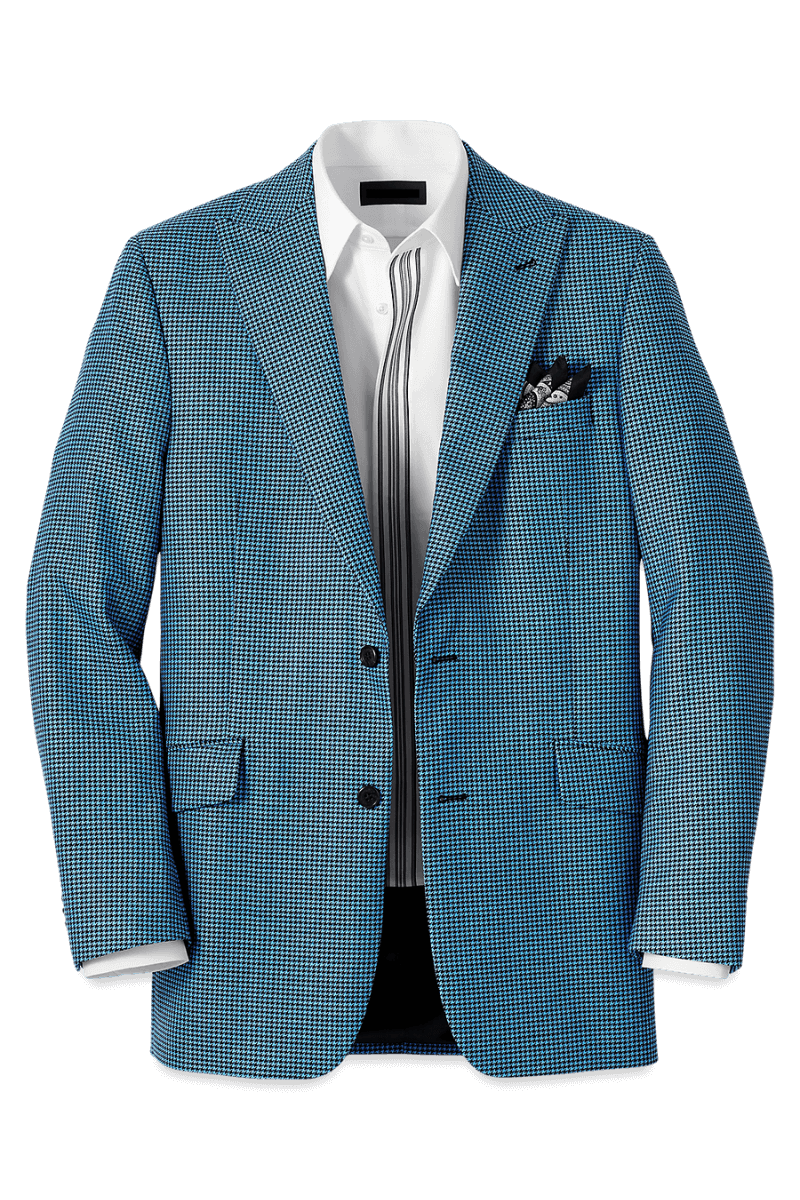 Blue & Black Houndstooth Wool Single Breasted Peak Lapel Jacket