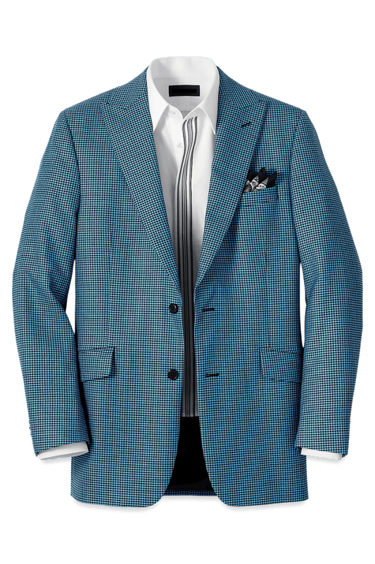 Blue & Black Houndstooth Wool Single Breasted Peak Lapel Jacket