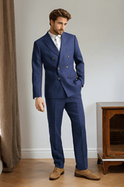 Blue Italian Linen Double Breasted Notch Lapel Suit