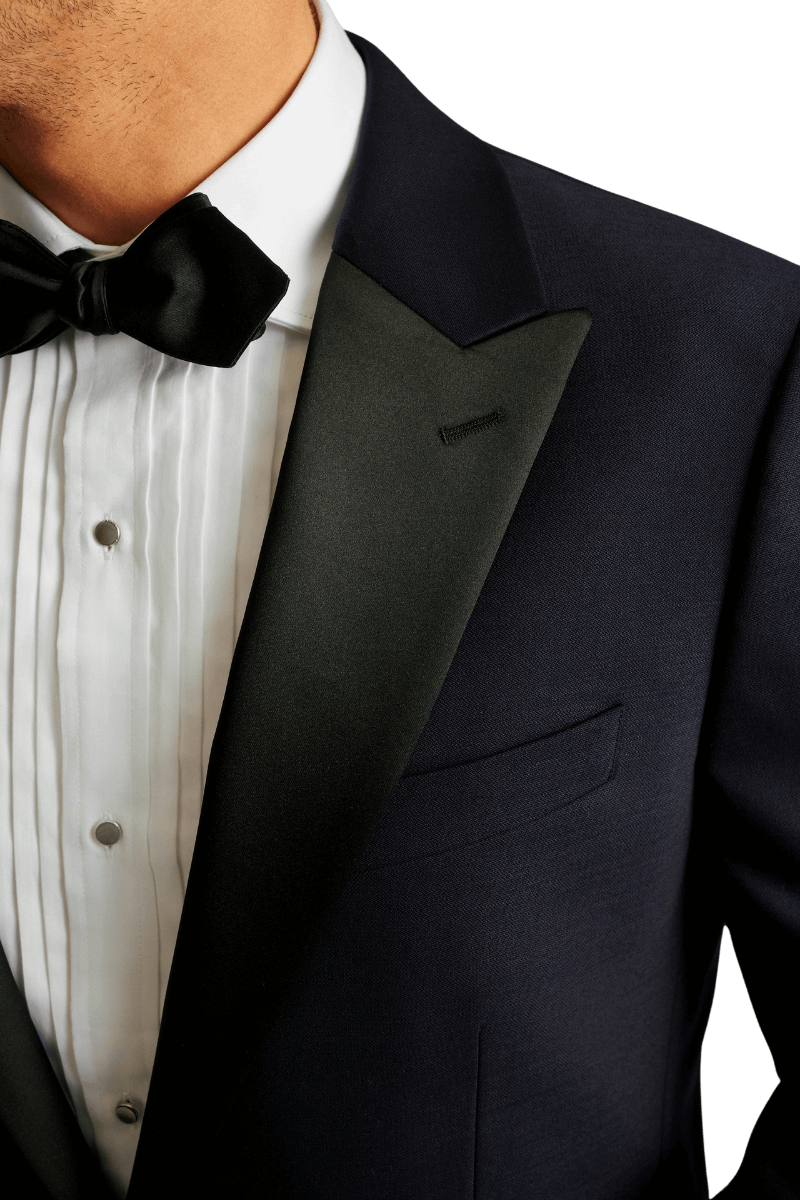 Traje de esmoquin de inspiración vintage en azul, de lana italiana elástica y lujosa