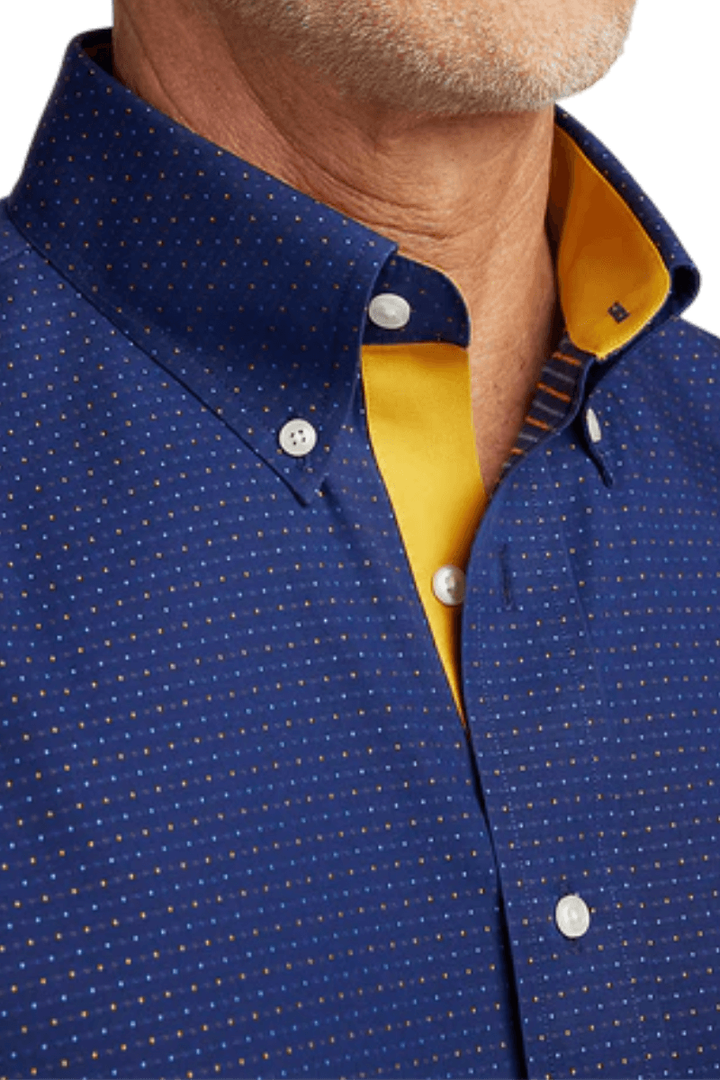 Camisa casual de lunares de algodón azul que no necesita planchado