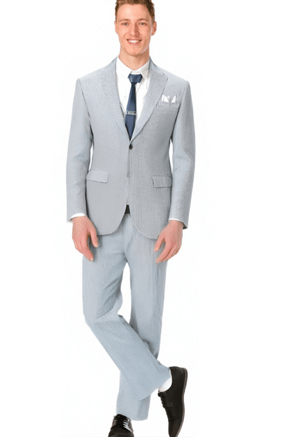 Blue Seersucker Notch Lapel Suit