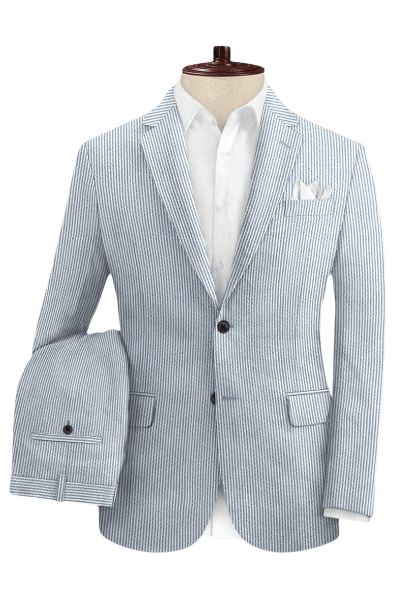 Blue Seersucker Notch Lapel Suit