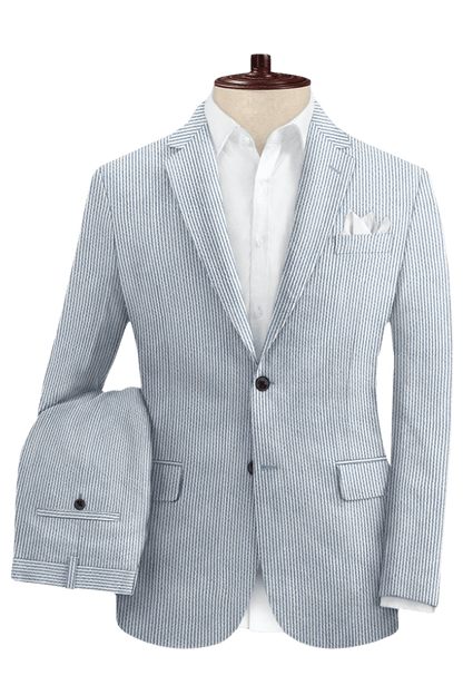 Blue Seersucker Notch Lapel Suit