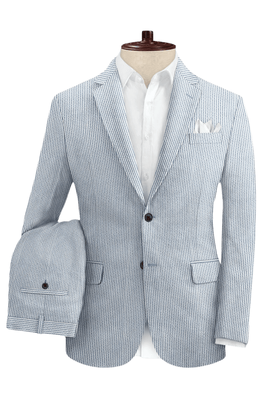 Blue Seersucker Notch Lapel Suit