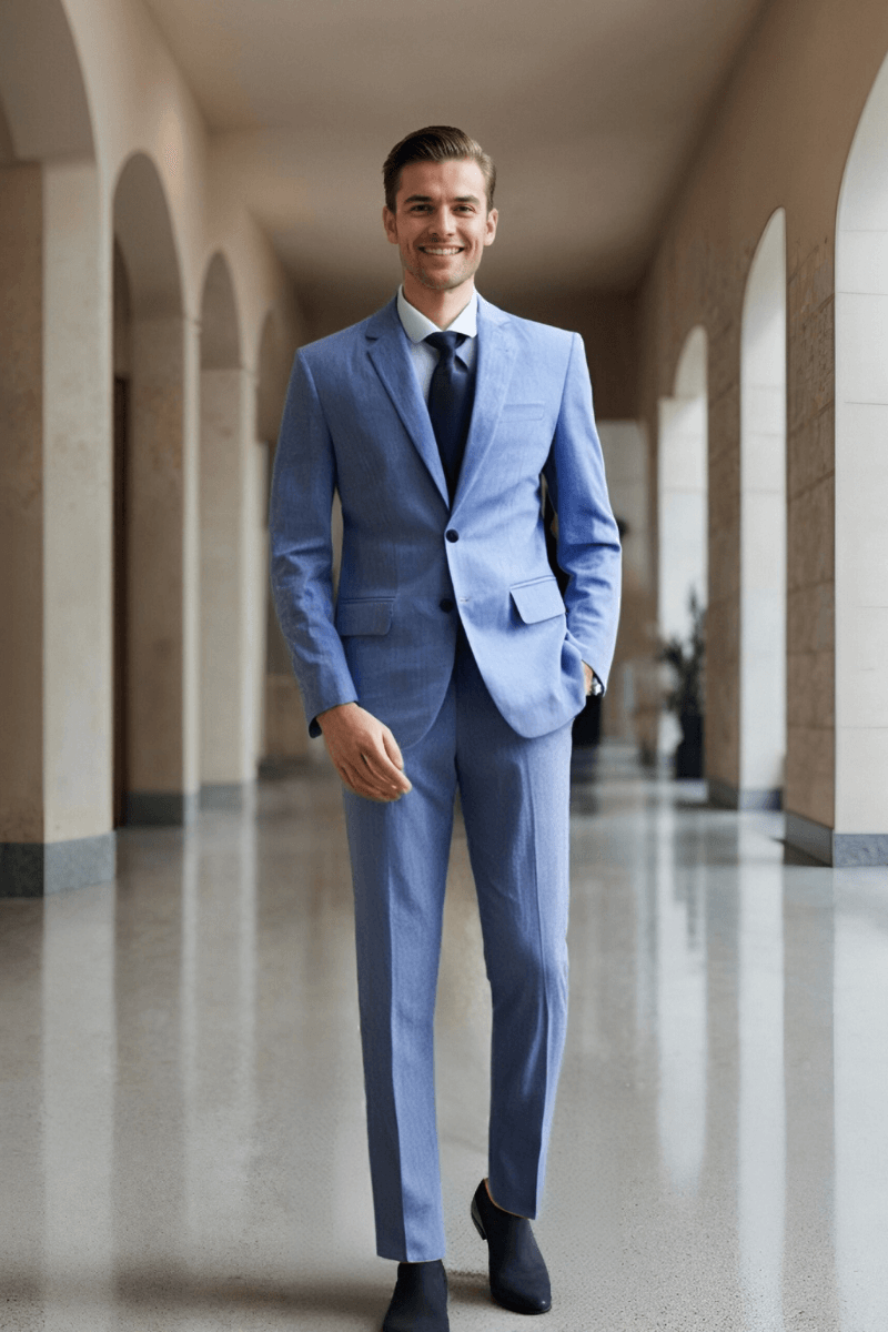 Blue Solid 2-Button Linen Suit