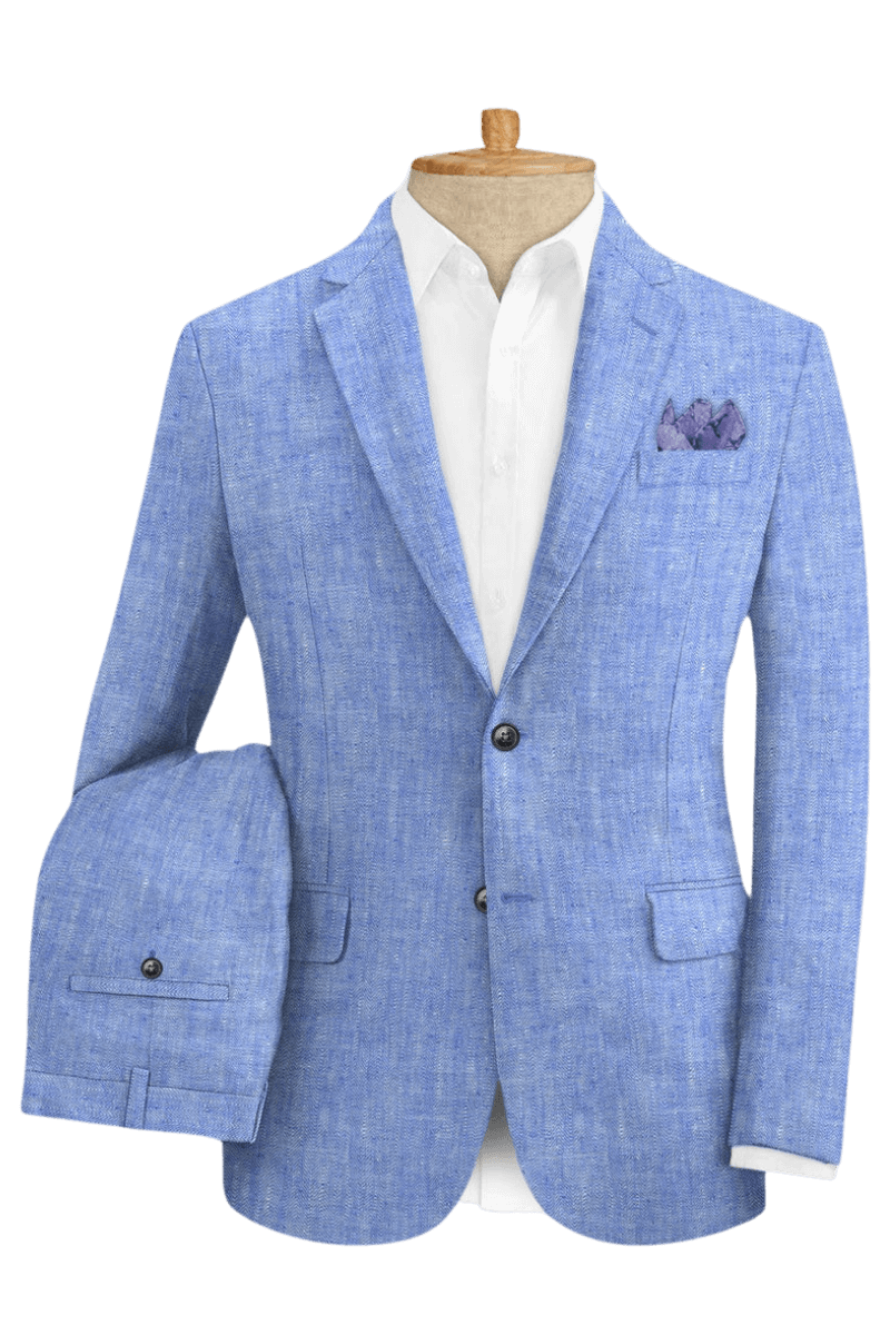 Blue Solid 2-Button Linen Suit