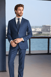 Blue Windowpane Stretch Wool Notch Lapel Suit