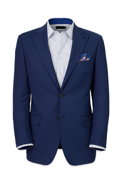 Blue Wool Stretch Single Breasted Peak Lapel Suit