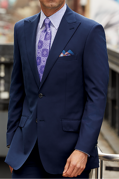 Blue Wool Stretch Single Breasted Peak Lapel Suit