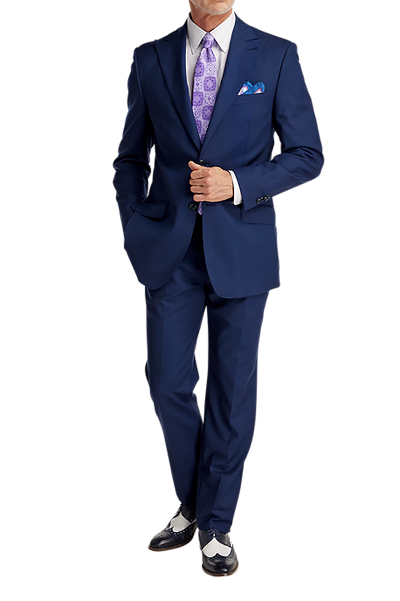 Blue Wool Stretch Single Breasted Peak Lapel Suit