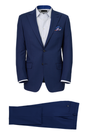 Blue Wool Stretch Single Breasted Peak Lapel Suit