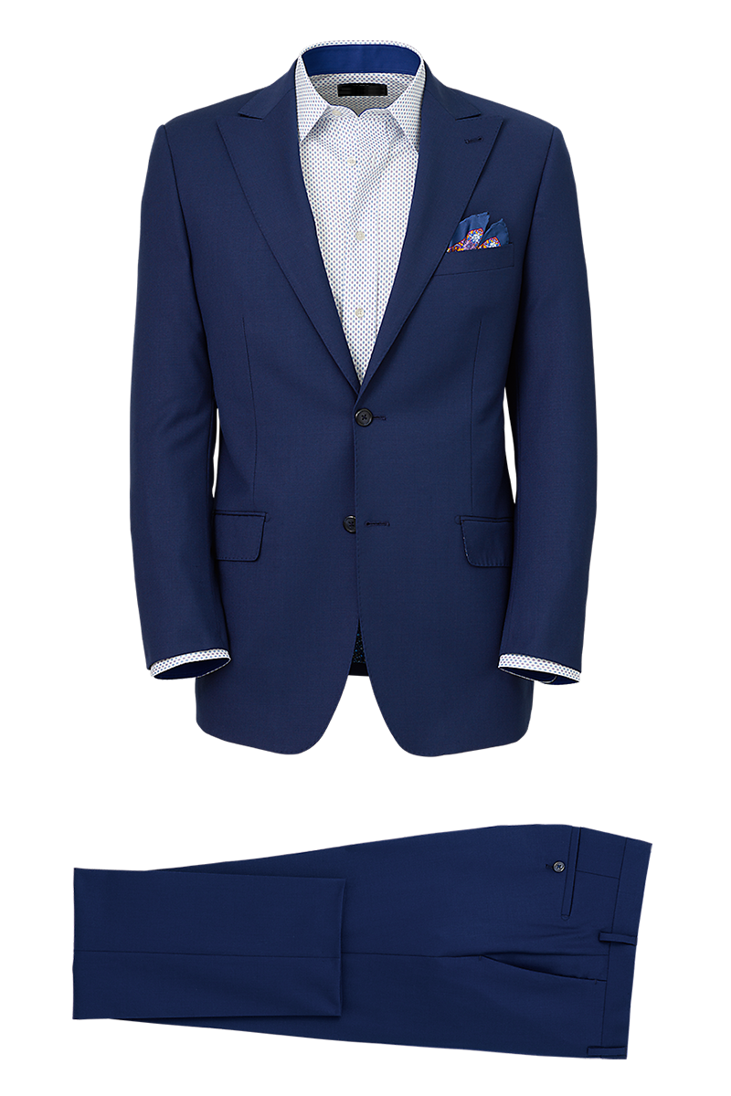 Blue Wool Stretch Single Breasted Peak Lapel Suit