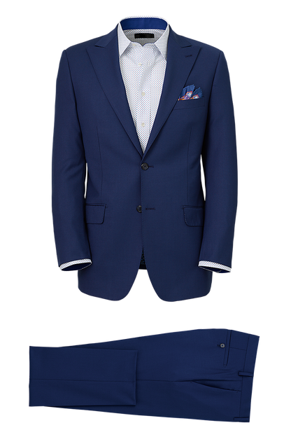 Blue Wool Stretch Single Breasted Peak Lapel Suit