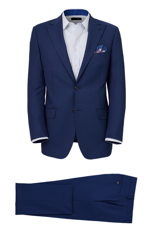 Blue Wool Stretch Single Breasted Peak Lapel Suit