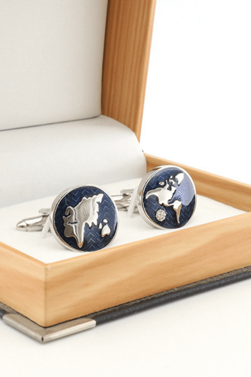 Blue World Map Cufflinks In Sterling Silver