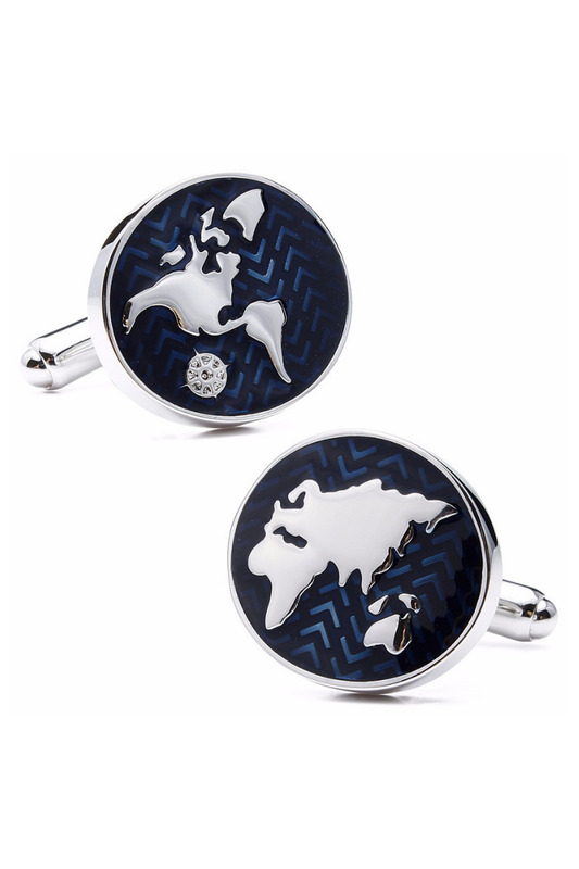 Blue World Map Cufflinks In Sterling Silver